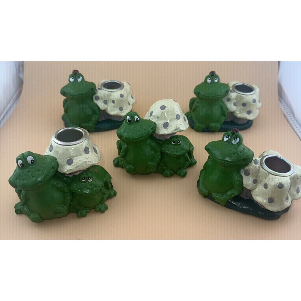 5-Hermitage Pottery Frog w/ Mushroom Taper Candle Holder Hand Painted Vintage